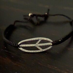 TAI Adjustable Black Silk Bracelet with CZ Peace Symbol